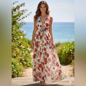 FSL ILYOLMS Rose Floral Halter Maxi Dress | Beachy Boho Sundress M